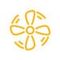 Yellow circular flower-like logo with six petal shapes around a center, on white background