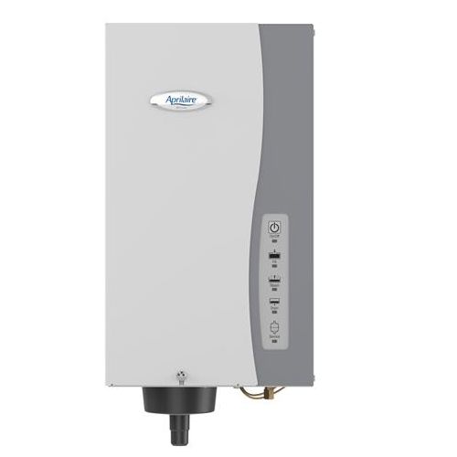 Wall-mounted silver water heater with front control panel and drain pipe