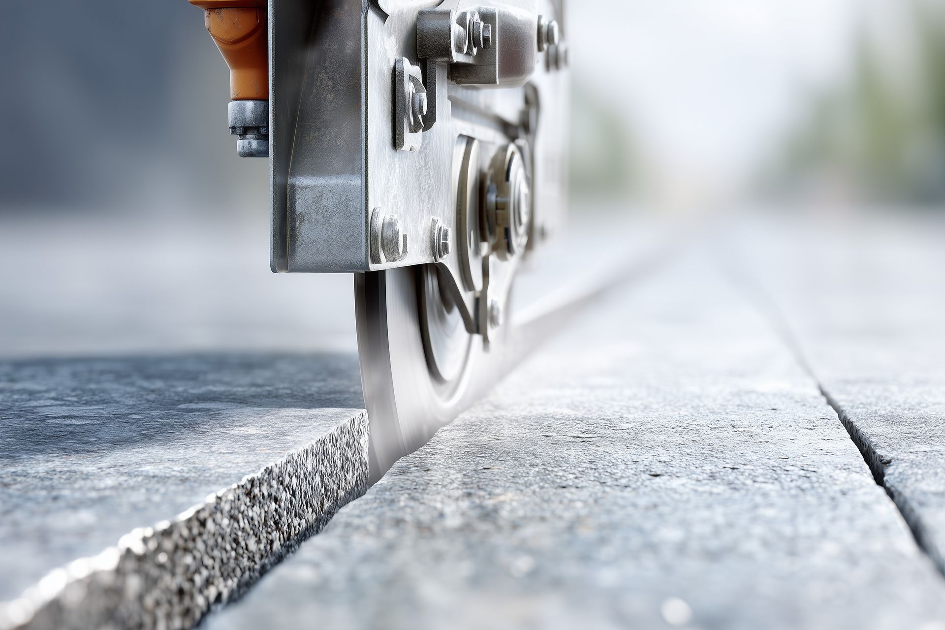 Concrete saw cutting a straight groove into a slab.
