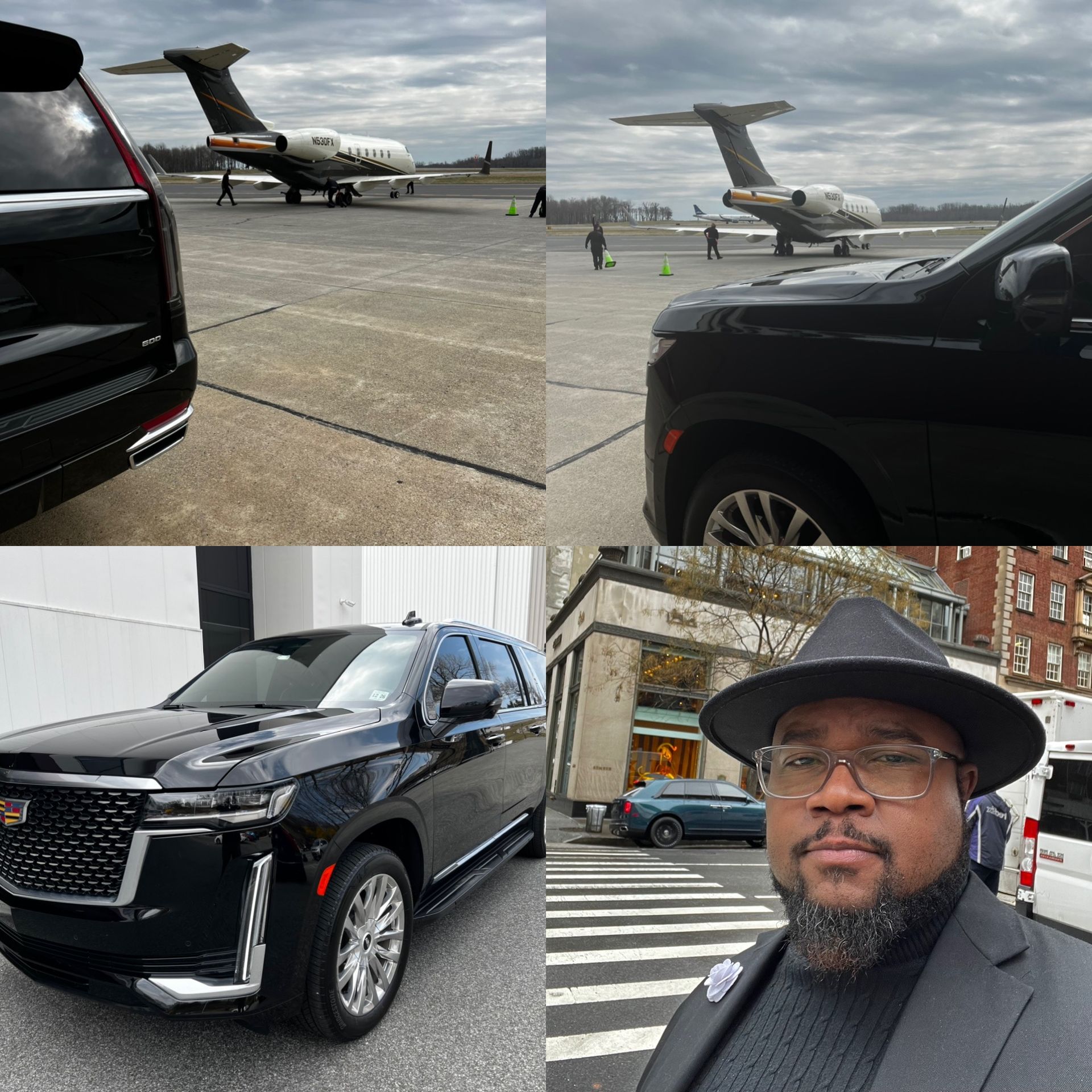A man wearing a hat is standing next to a car and a plane.