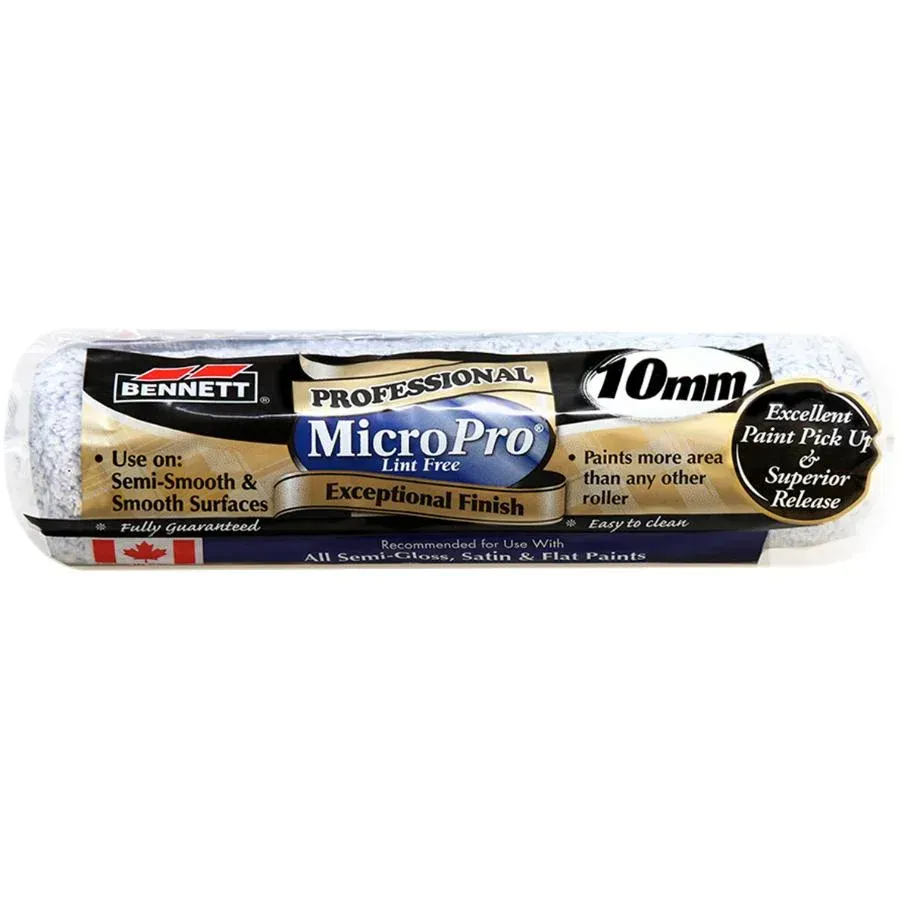 Paint roller with blue and white cover, labeled