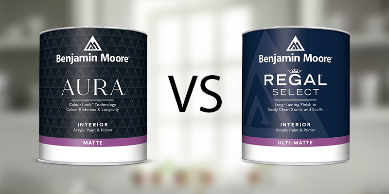 Benjamin Moore Aura and Regal Select paint cans side by side with “VS” between them