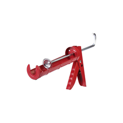 Red caulk gun with a curved nozzle and a lever handle.
