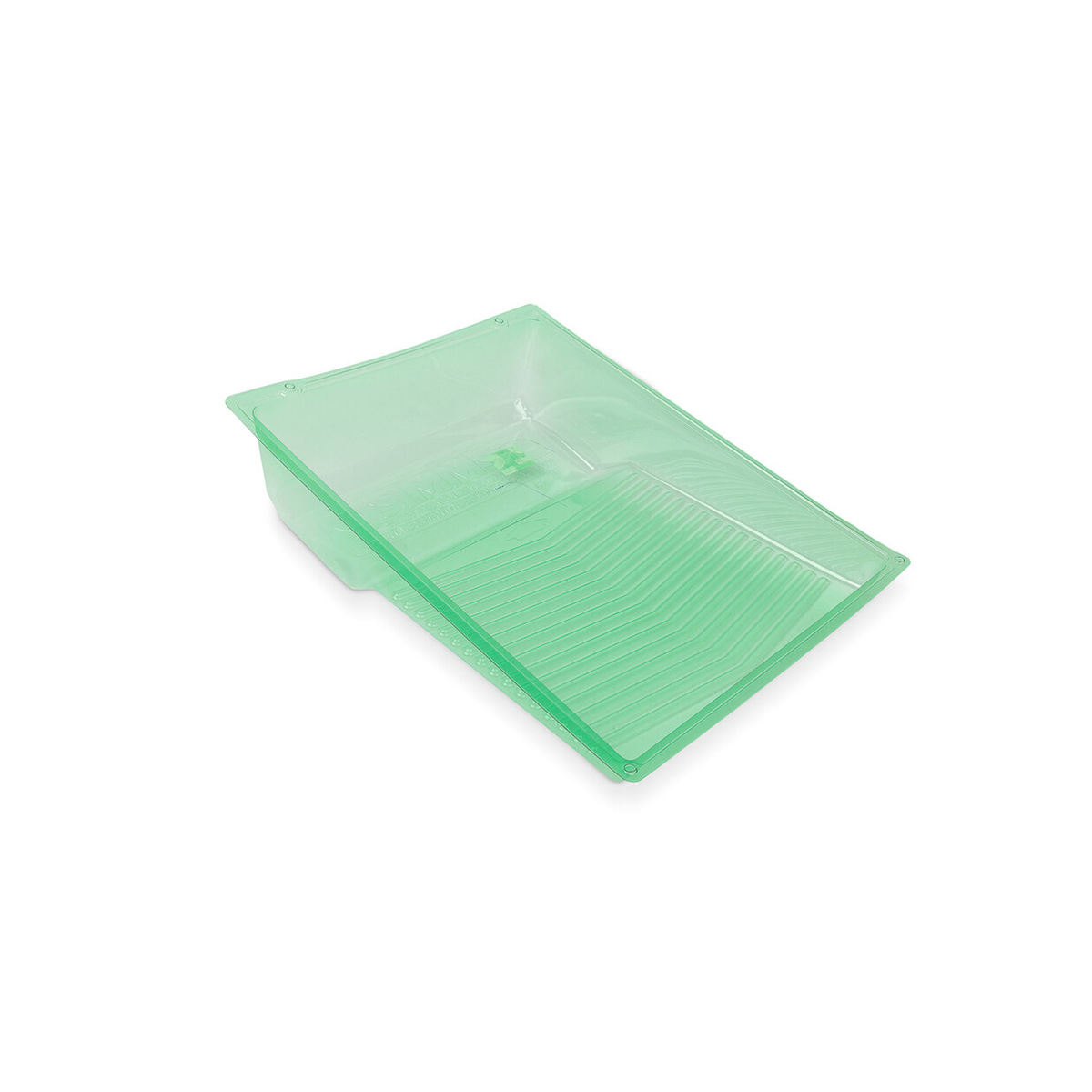 Green plastic paint tray with textured roller area.