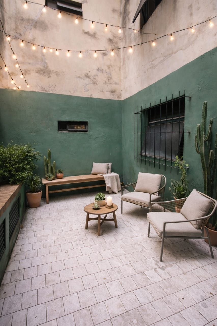 Acogedor patio con paredes verdes, guirnaldas de luces, banco, tumbonas y una pequeña mesa redonda sobre suelo de baldosas.