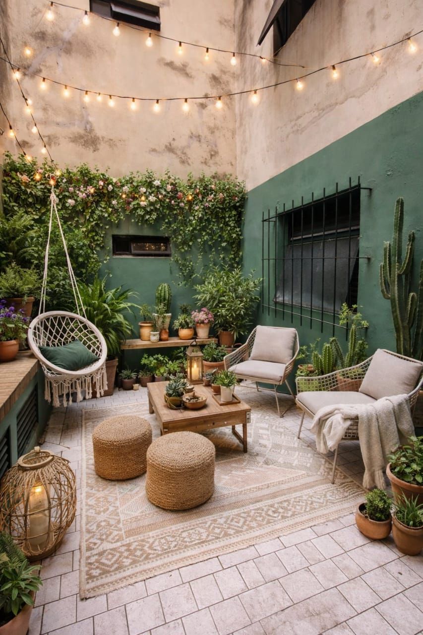 Acogedor patio con paredes verdes, guirnaldas de luces, banco, tumbonas y una pequeña mesa redonda sobre suelo de baldosas.