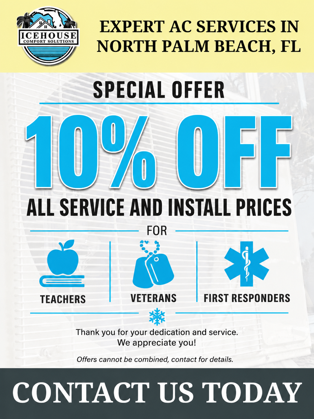 HVAC service ad in North Palm Beach, FL with 10% off install prices for teachers, veterans, and first responders