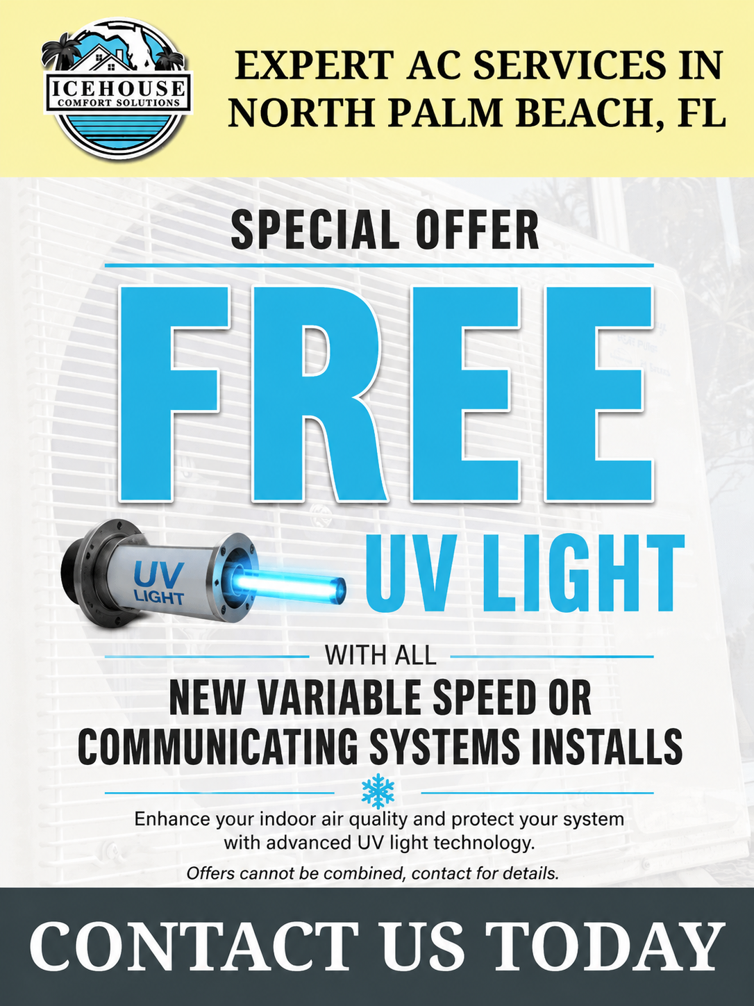 AC services ad for North Palm Beach, FL offering free UV light with new variable speed or communicating systems installs