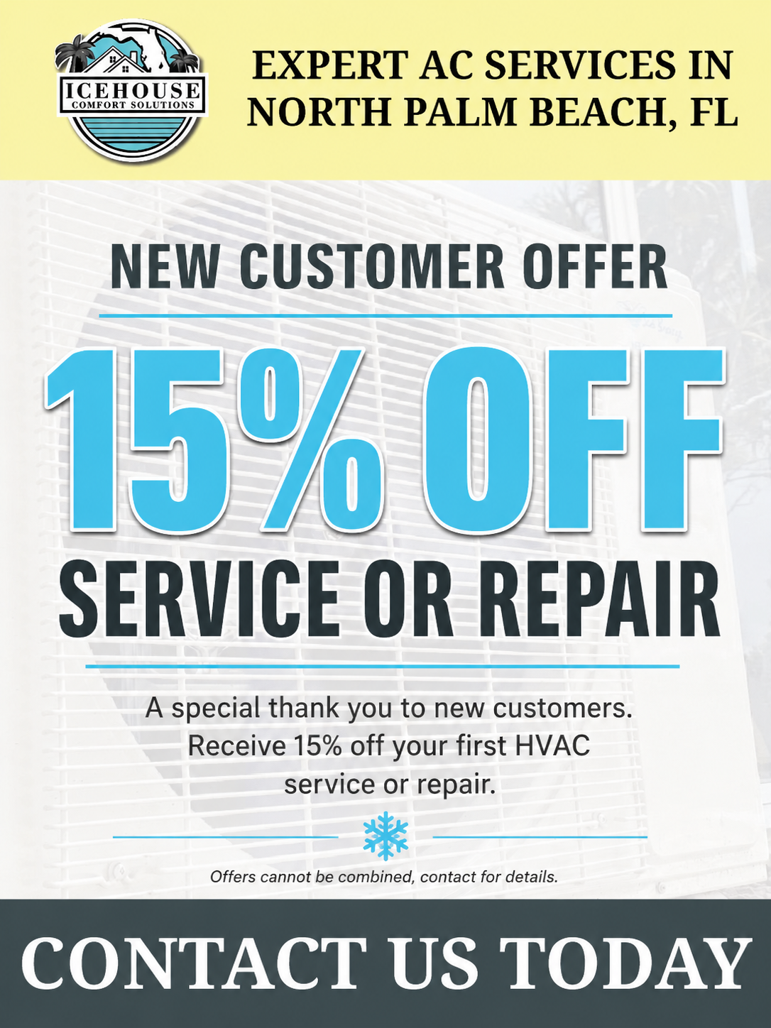 North Palm Beach AC service ad offering 15% off service or repair for new customers