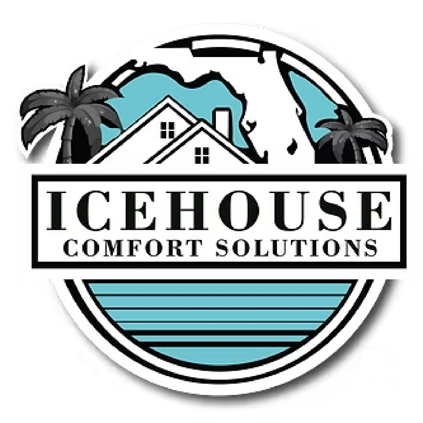ICEHOUSE Comfort Solutions logo with house, palm trees, globe, and blue water stripes