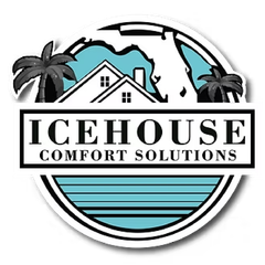 ICEHOUSE Comfort Solutions logo with house, palm trees, globe, and blue water stripes