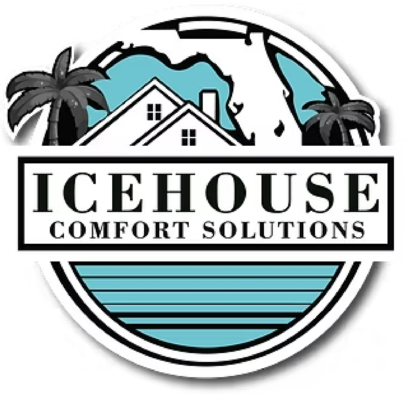 Icehouse Comfort Solutions logo with palm trees, blue house, and circular ocean design