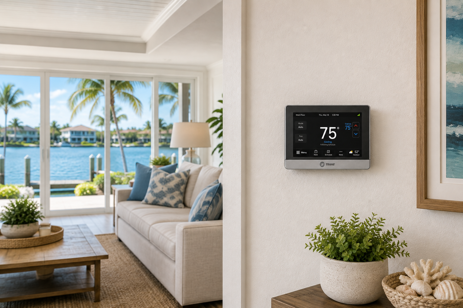 Person using a smartphone to adjust a smart thermostat showing 77° on a wall-mounted display