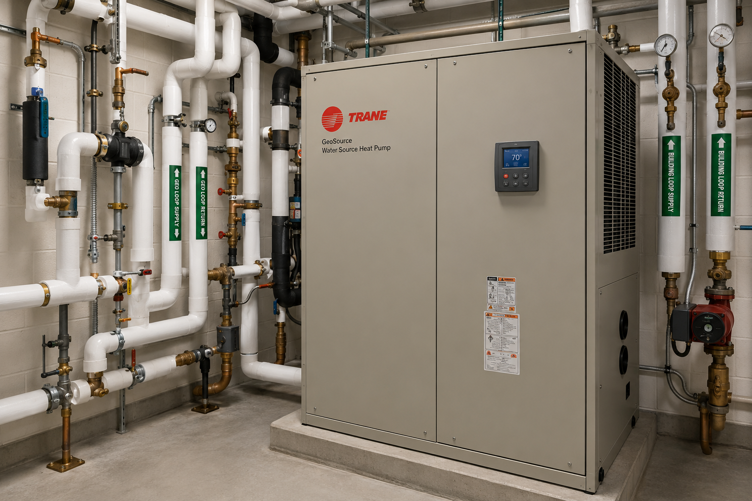 Mechanical room with beige Trane HVAC unit, white pipes, and control panel on a concrete floor.