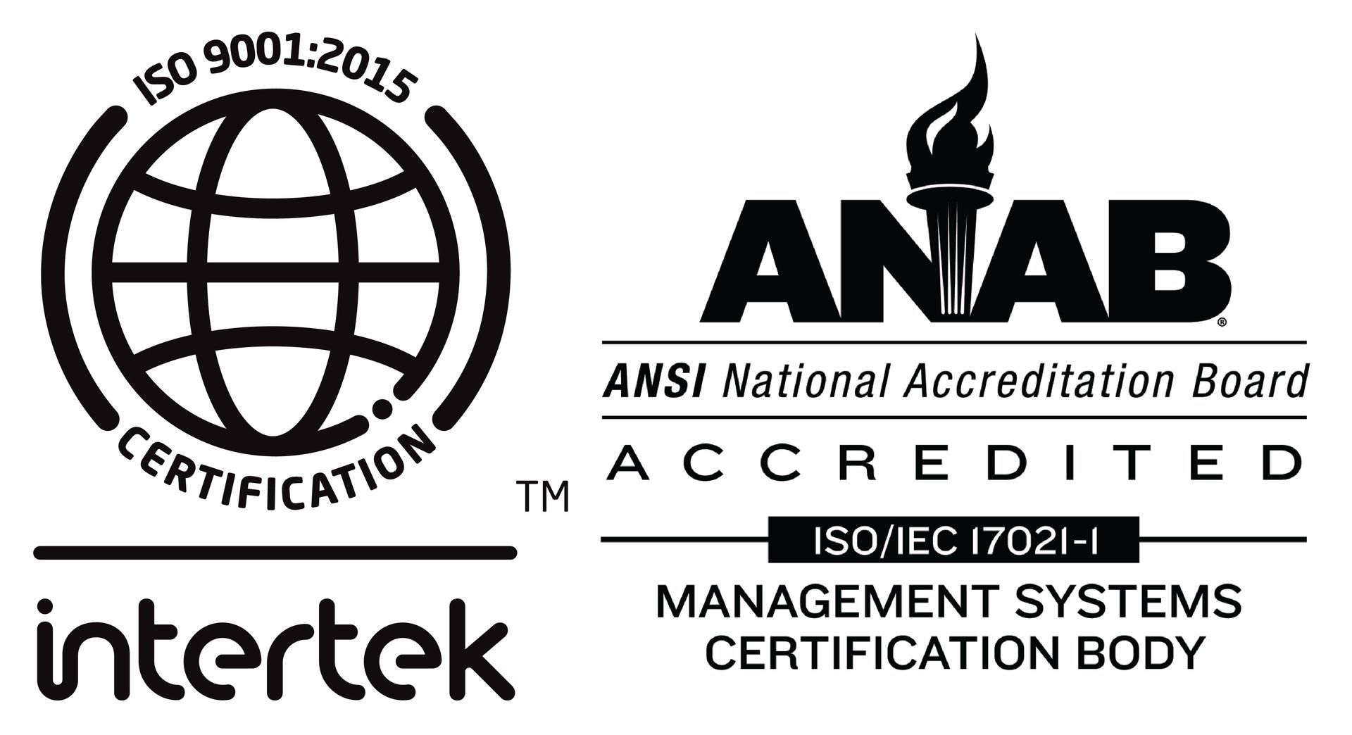 Logos for ISO 9001:2015 certification by Intertek, accredited by ANAB.