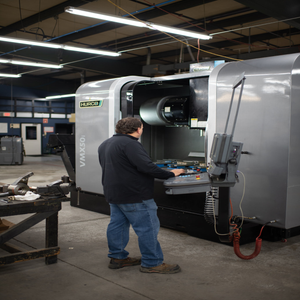 Man operates a large metalworking machine in a factory.