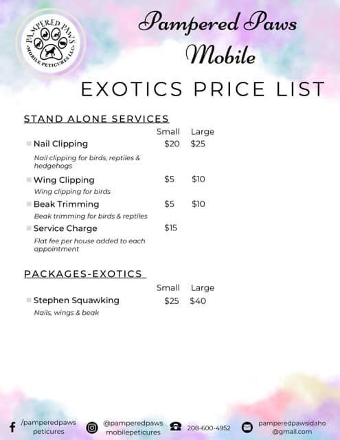 A pampered paws mobile exotics price list