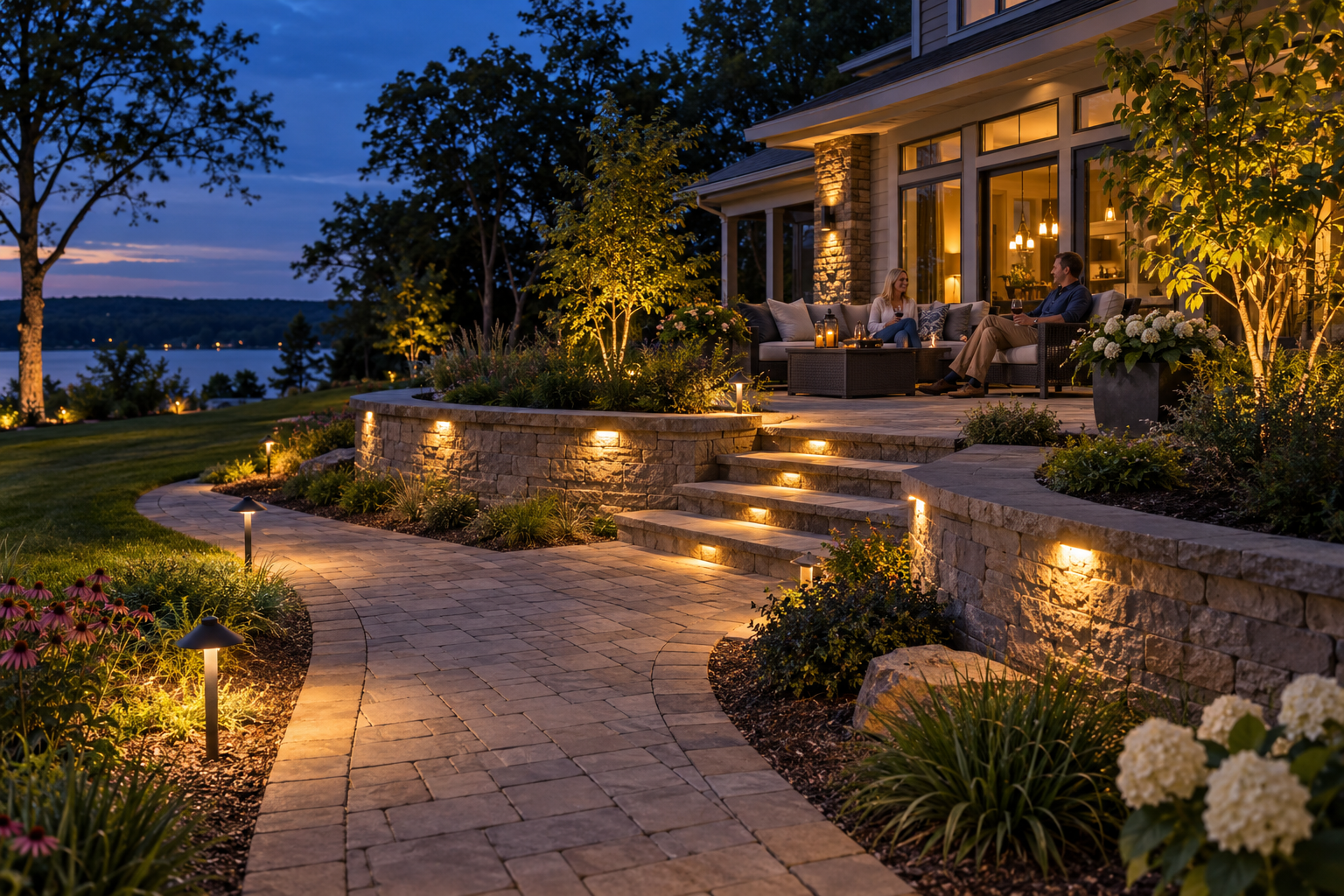 Low-voltage lighting illuminating a paver patio, walkway, steps, and retaining wall for security and