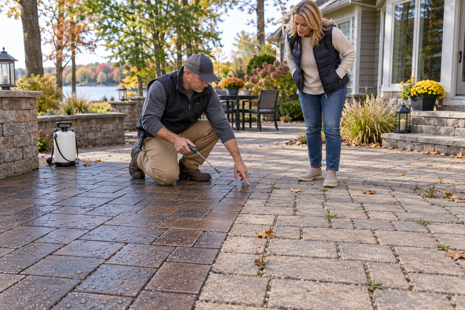 Contractor inspecting sealed and unsealed pavers at a Waupaca home for weather protection and mainte