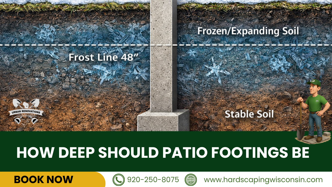Diagram showing 48-inch frost line depth for patio footings in Wisconsin.