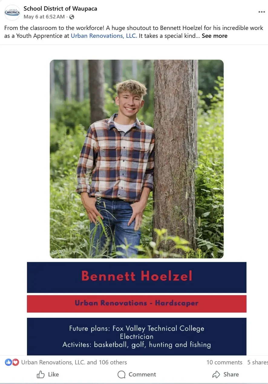 School District of Waupaca recognition post for Urban Renovations youth apprentice in hardscaping