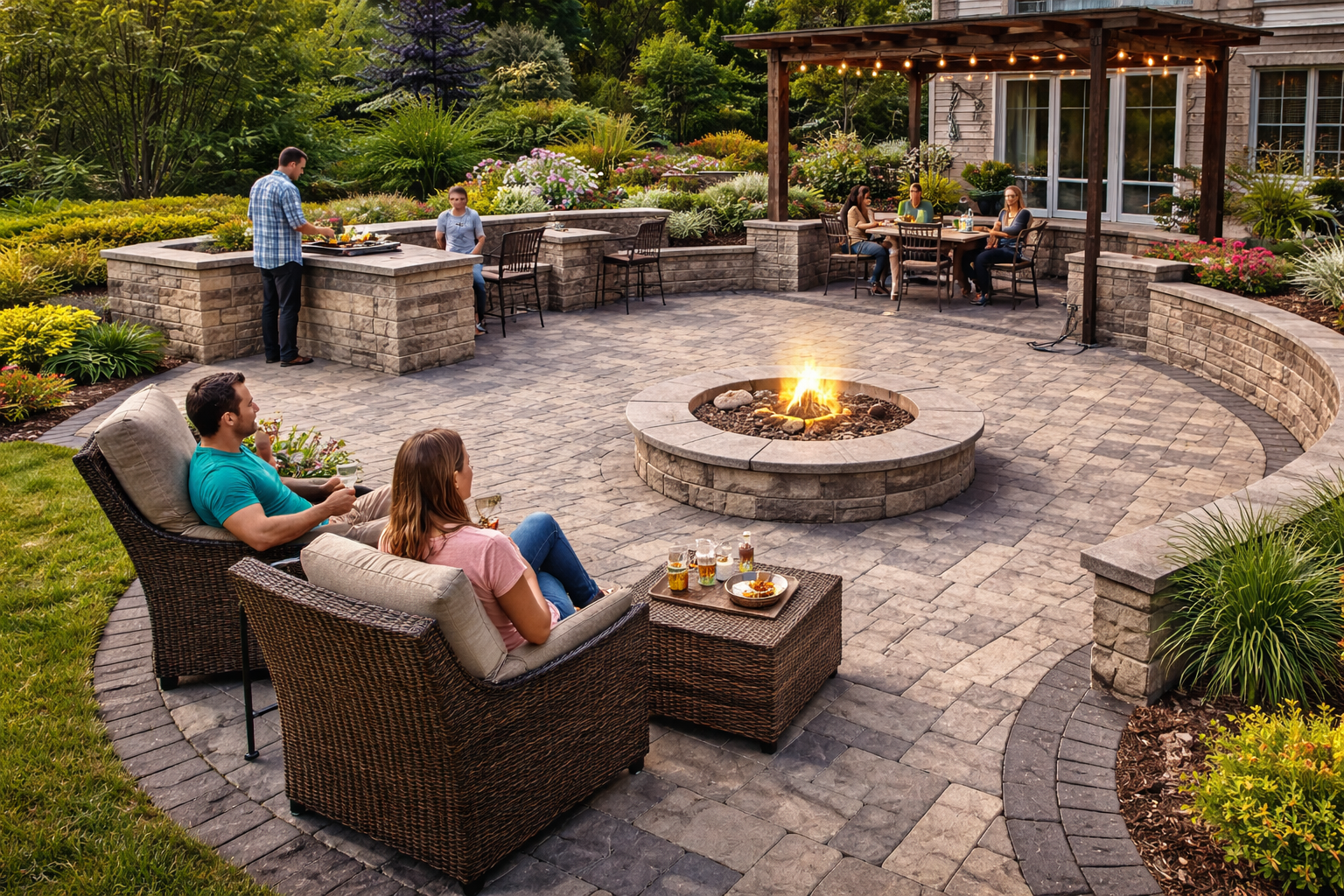 family gathered around a cozy backyard with a fire pit