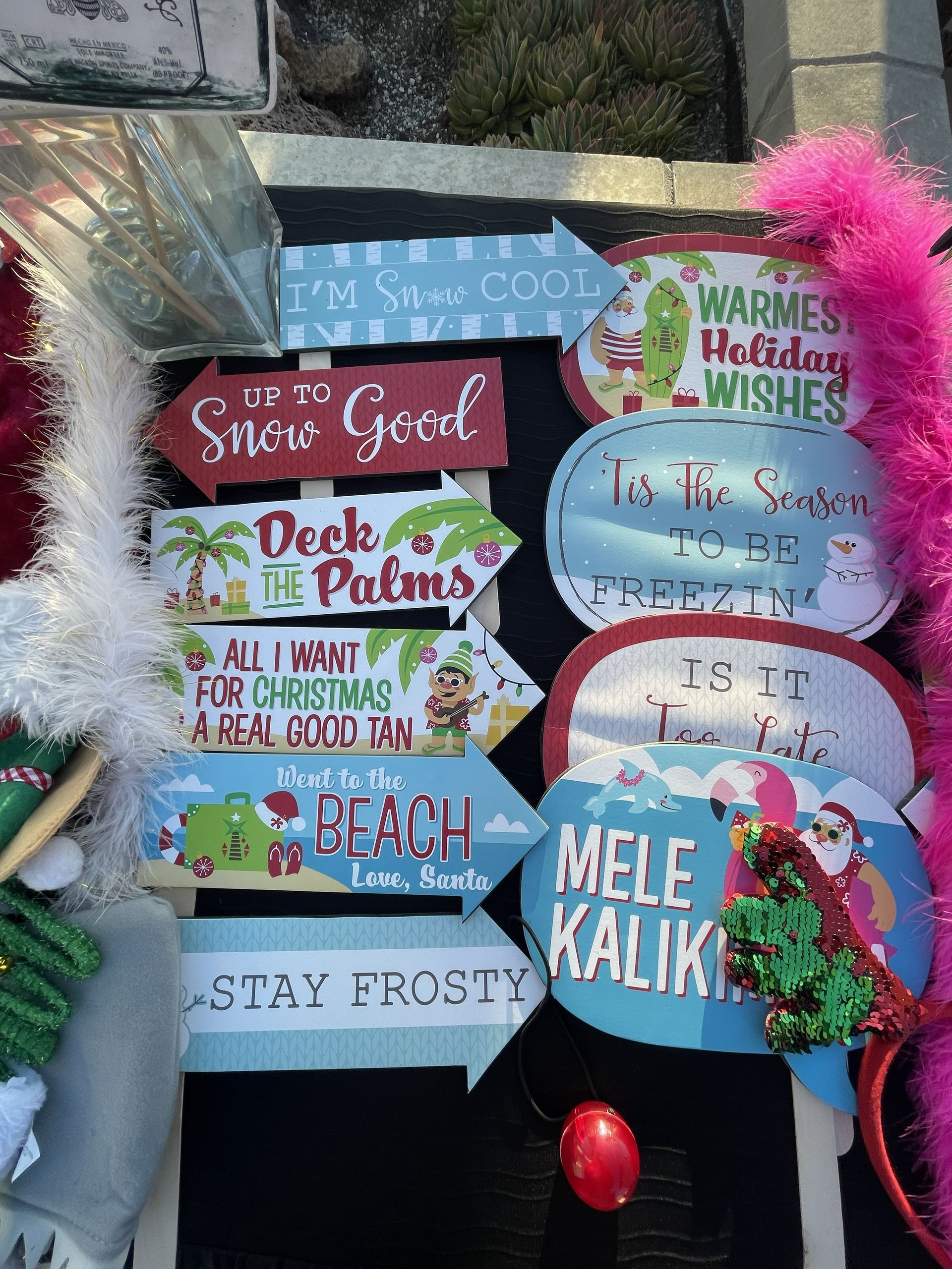 Holiday-themed signs with phrases like “Stay Frosty,” “Deck the Palms,” and “Mele Kalikimaka” in a colorful display