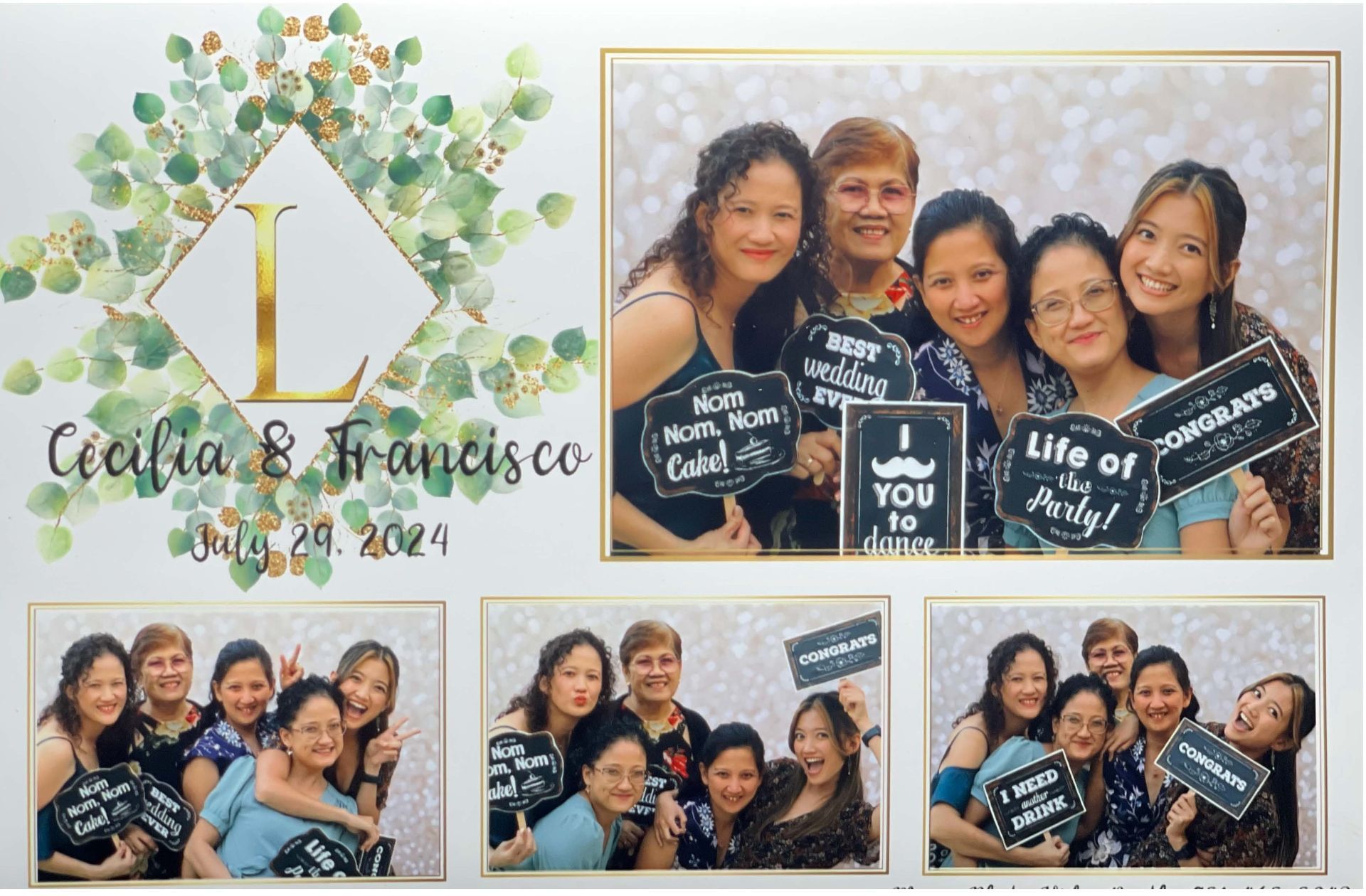 Photo collage of four people posing at a wedding photo booth with “You” and “Life of the party” signs