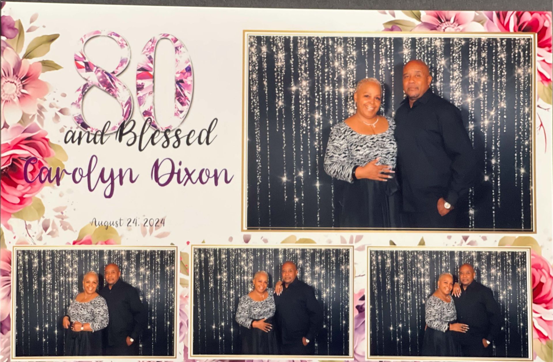 80 and blessed Carolyn Dixon photo collage with a smiling couple before a sparkling backdrop