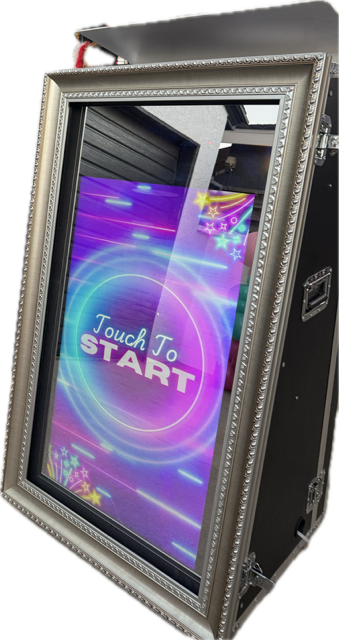 Vertical arcade kiosk with touchscreen displaying “Touch to Start” on a purple neon screen
