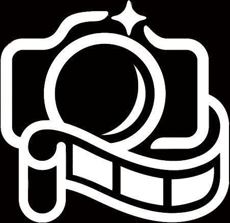 White camera icon with a circular lens and film strip on a black background