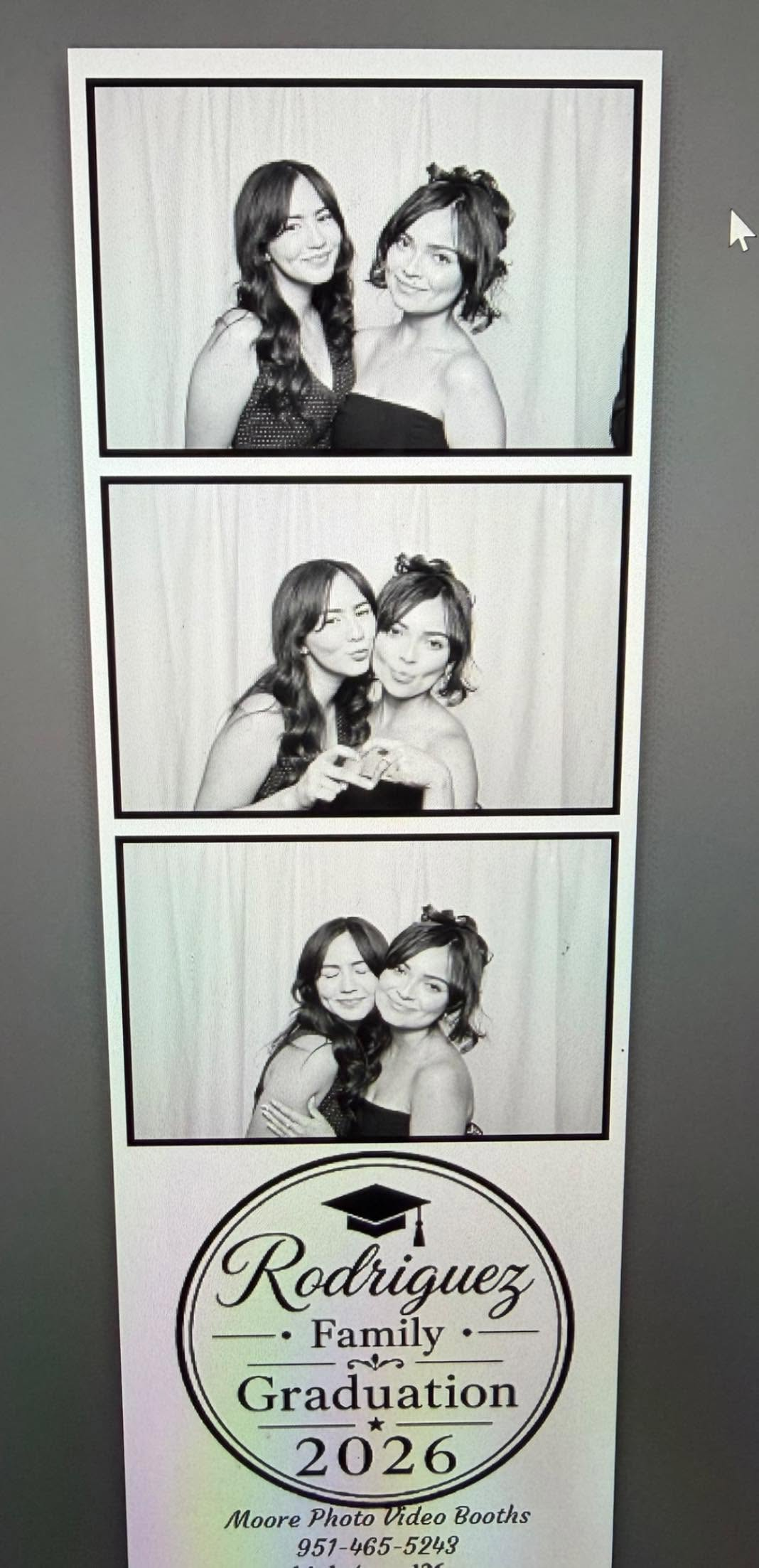 Three black-and-white photo booth portraits with a circular “Rodriguez Family Graduation 2026” label at the bottom