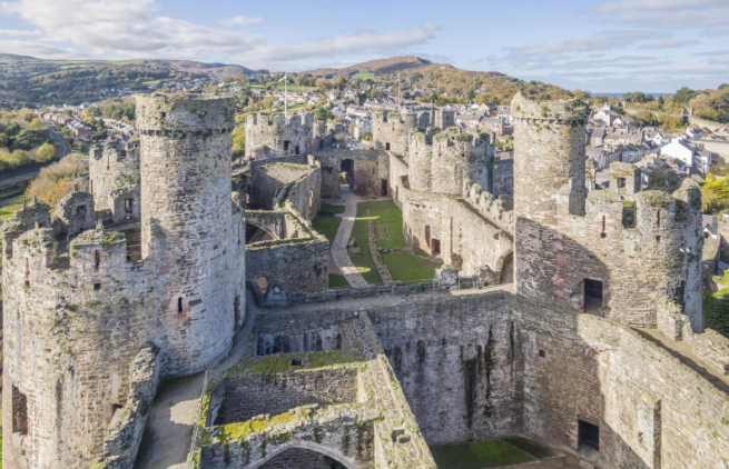 An aerial view of a castle with a city in the background.