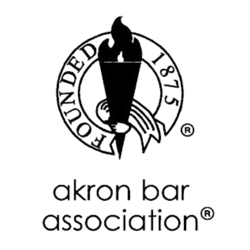 A black and white logo for the akron bar association