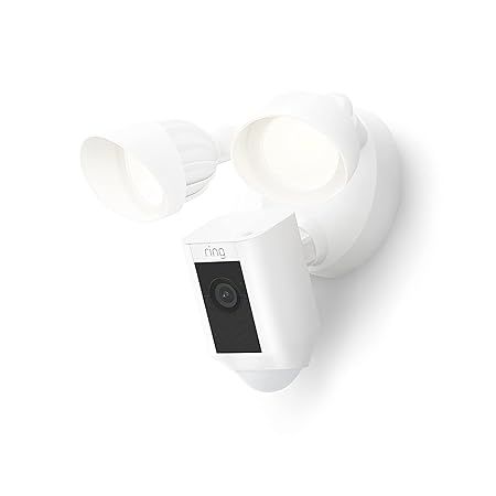 A white ring floodlight with a camera attached to it.