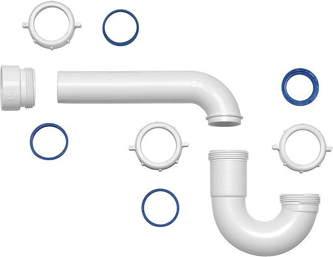 A set of white pipes with blue rings on a white background.
