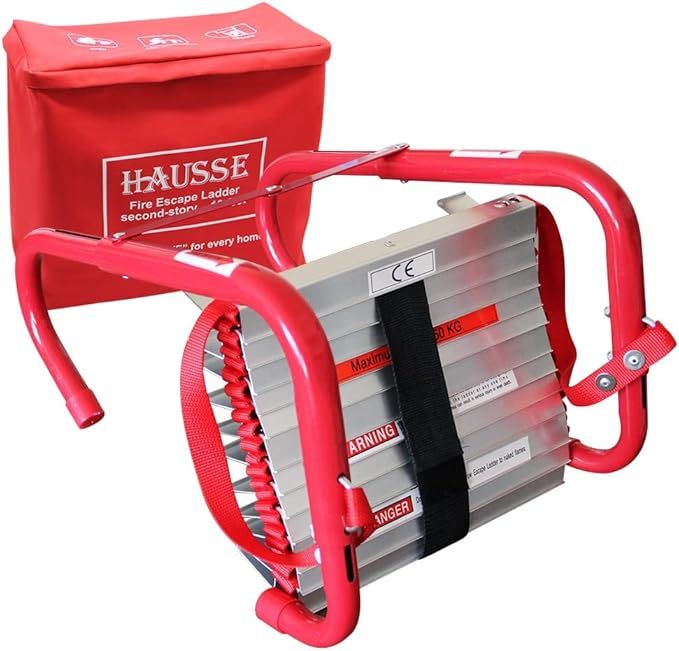 A hause fire escape ladder is sitting next to a red bag