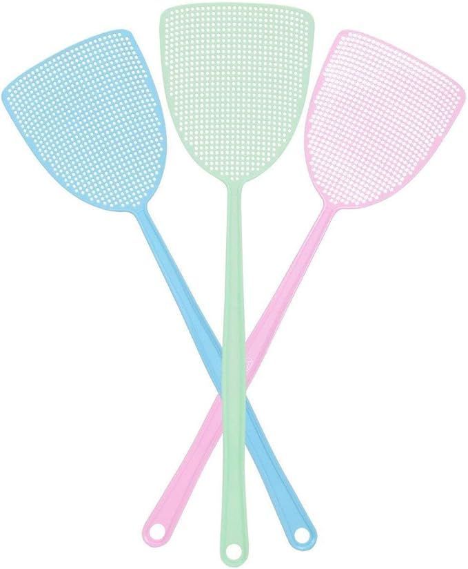 Three different colored fly swatters with long handles on a white background.