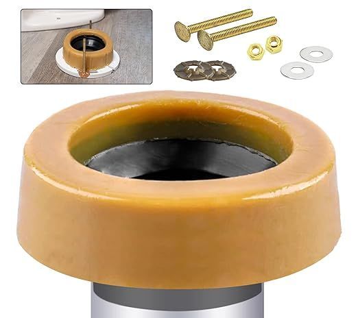 A toilet flange with screws and washers attached to it