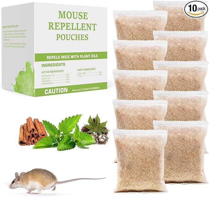 A mouse is sitting next to a box of mouse repellent pouches.