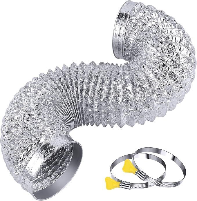 An aluminum duct with two clamps attached to it on a white background.
