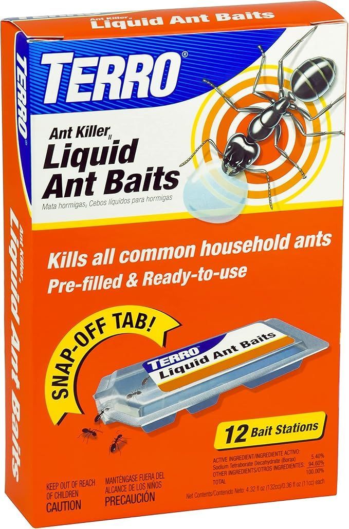 A box of liquid ant baits with an ant on it