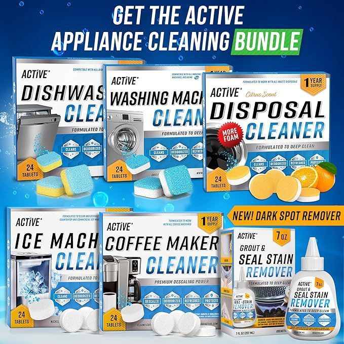 A bundle of active appliance cleaning products including dishwashing tablets