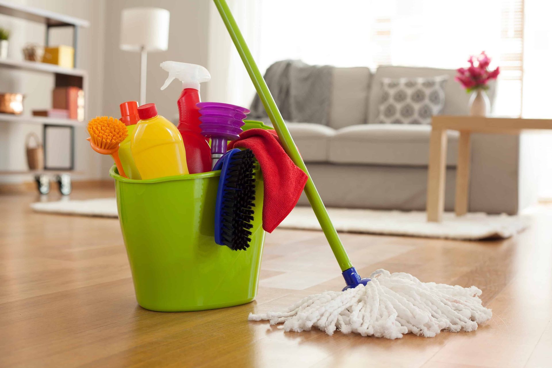 A mop is sitting next to a bucket of cleaning supplies in a living room.