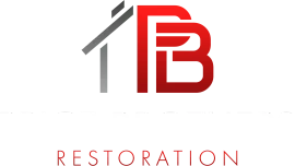 Logo with stylized gray roof and red “TB” above the word “RESIORATION” in red letters