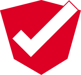 Red shield with a white checkmark icon