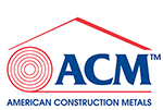 ACM logo in blue and red for American Construction Metals with a red roofline icon