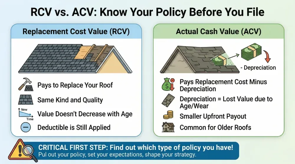 Infographic comparing Replacement Cost Value (RCV) and Actual Cash Value (ACV) for insurance policies.