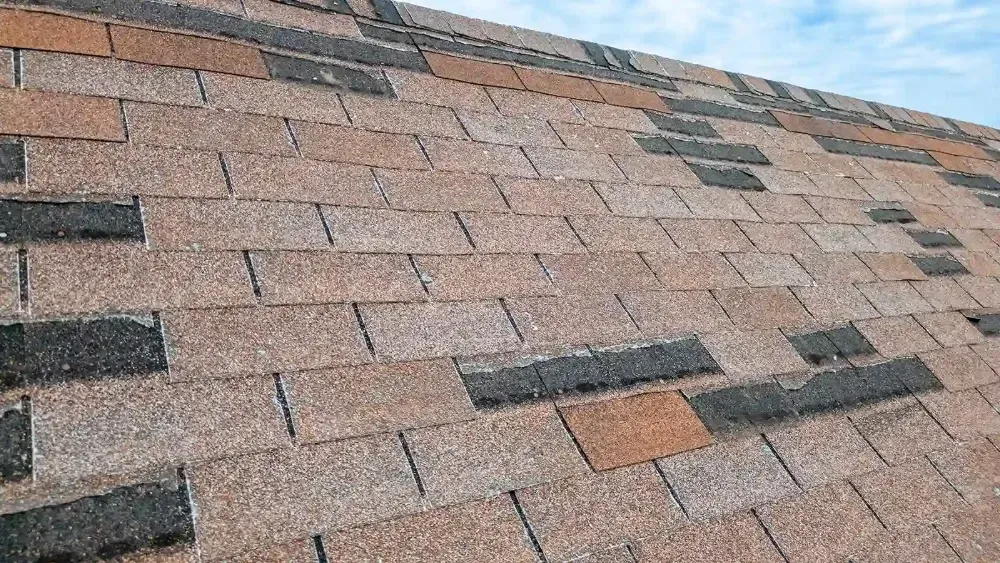 A close-up view of an asphalt shingle roof with a mottled pattern of tan, brown, and dark gray rectangular shingles.