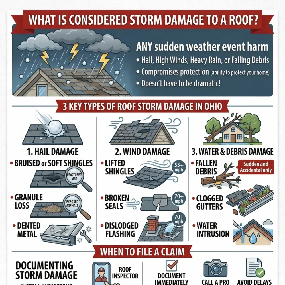 Infographic by Price Brothers Restoration on Ohio roof storm damage, including types of damage, signs, and contact info.